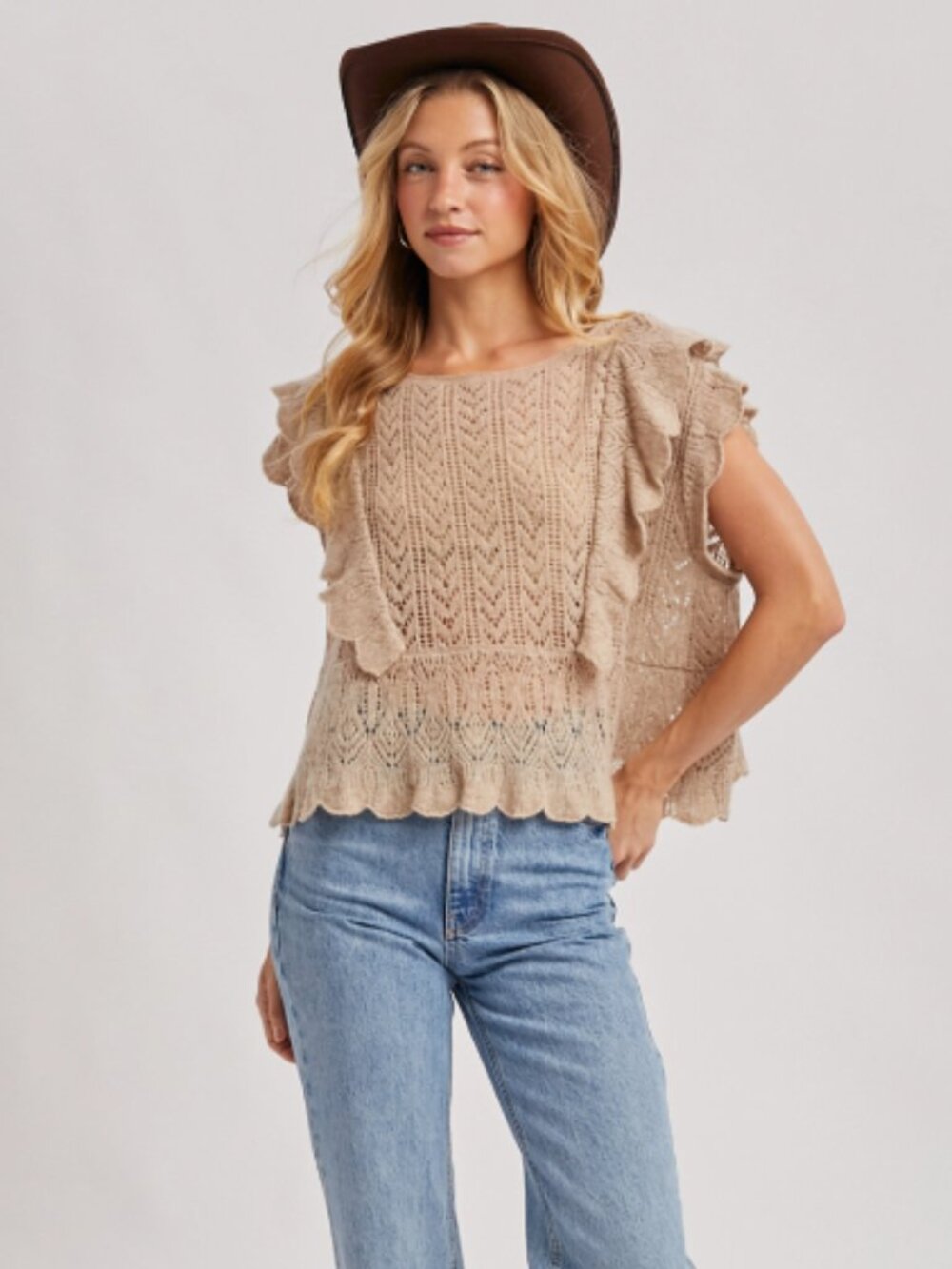 115. Open Knit Flutter-Sleeve Pointelle Sweater Top